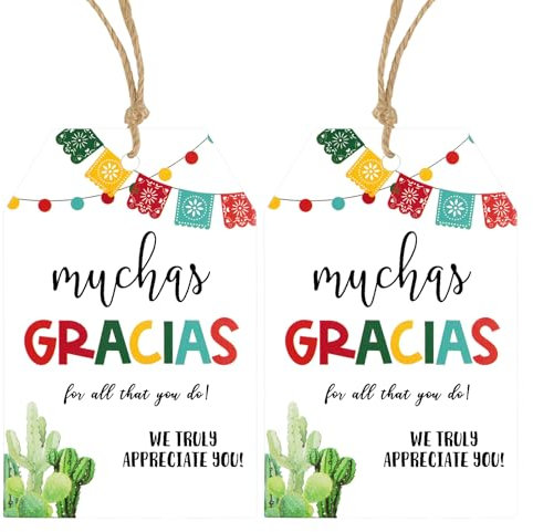 jijAcraft Danke Geschenkanhänger, 50 Stück Kaktus Geschenkanhänger Muchas Gracias mit Schnur, Muchas Gracias for All You Do Tags, Dankesanhänger als Anerkennung für Lehrer, Erntedankfest, Wunschkarten