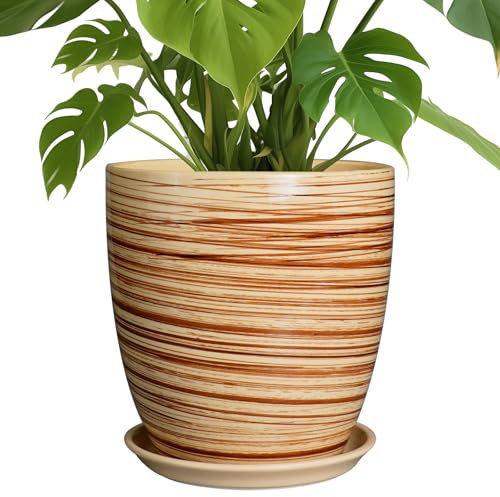 EPFamily Pot de fleurs rond en céramique de 25,4 cm avec trou de drainage et soucoupe pour maison, terrasse, jardin, bureau - Jaune