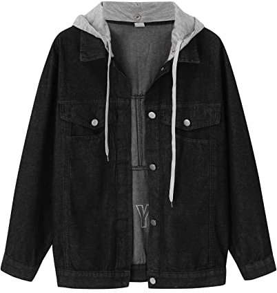UnoSheng Oversized Jumper Women's Warm Vintage Button Down Distressed Short Denim Jacket Coat with Pocket Women's Denim Jacket Short 3 4 Sleeves, black, XXL