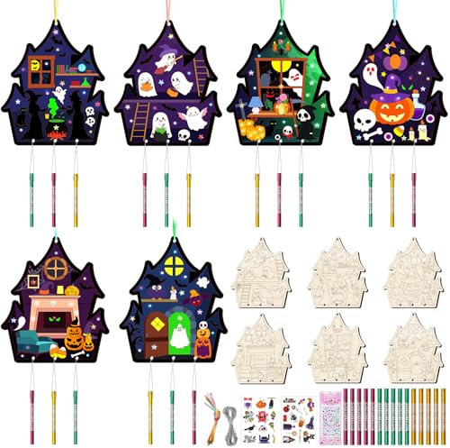 12 Stück Windspiel Bastelset Kinder Halloween Bastelsets Basteln Kinder Holz Bastelhandwerk Gruselig Geister Kürbisse Fledermäuse Holzbastel Kreative Holz Klangspiel für Mädchen Junge Halloweenszeit