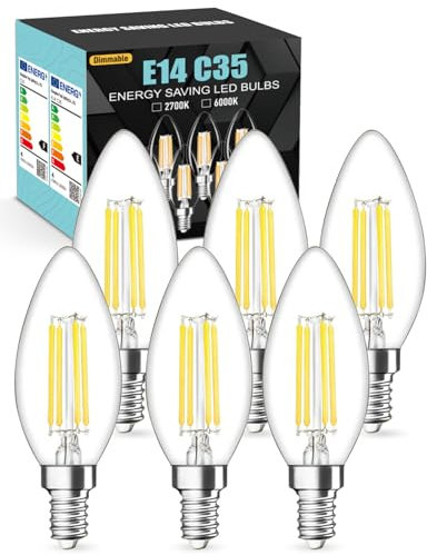 tuare E14 LED Light Bulb Dimmable, 4W 550 Lumens E14 LED Light Bulb Cool White Dimmable 6000K, 40W Equivalent E14 SES Small Edison Screw Light Bulb, CRI 80 E14 LED Candle Bulb, 6 Count