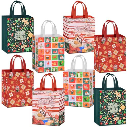 AhfuLife 8 Stück Geschenktüten Weihnachten, 21 * 26 * 12cm Non Woven Weihnachtstaschen Weihnachtstüten Geschenktaschen mit Griffen, Wiederverwendbare Weihnachtsgeschenktüten, Weihnachts Geschenktüten