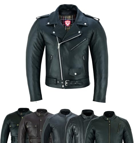 warrior gears Chaqueta de cuero Brando para moto para hombre Chaquetas de cuero genuino suave para motociclista Perfecto Marlo con protección CE desmontable (L, Negro-MJ1004)