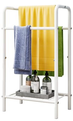 VERFARM 3 Tier Freestanding Towel Rack, Anti-rust Coating Metal Towel Rail Towel Holder with Storage Shelf, Bathroom Accessories Organizer for Bath Storage & Hand Towels, Washcloths, White