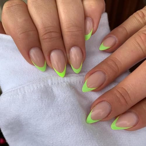 SXVME 30 Pcs Acrylic Press on Nails Short Almond, Neon Green French Tip False Nails Short Pointed Stiletto, Natural Nude Fake Nails Set Classic Soft Gel Stick on Nail for Women Daily Wedding Wear