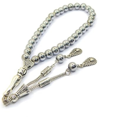 Perlin Gebetskette Gebetsperlen Tesbih Tasbih Tespih Misbaha Subha 33, Muslimisches Islamic Rosenkranz Armbänder Anbetungszubehör Hämatitperlen Edelstein Perlen Kugel 8mm (Silber)