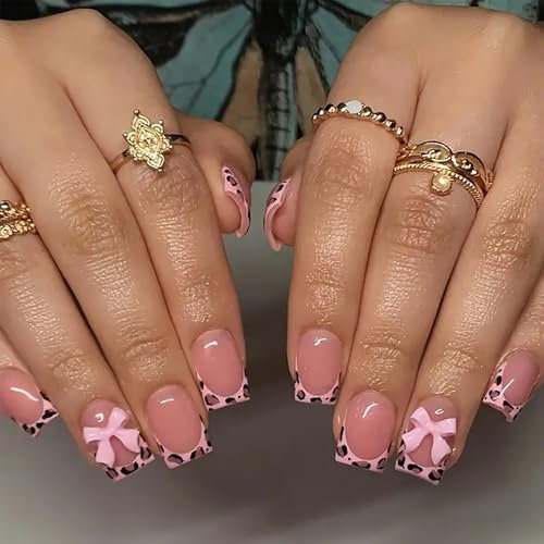 24-Pack Short Square False Nails - Leopard French Tip with Shiny Pink Design on Full Nude Base - Easy Press On and Firmly Held with Adhesive - Cute and Stylish