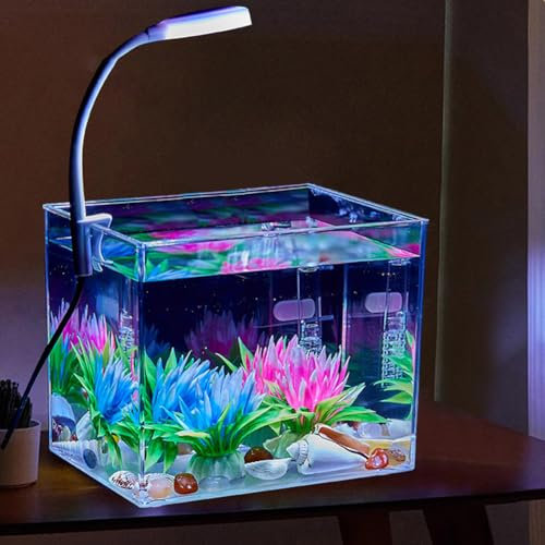 Zstar Kleines Aquarium mit Klemmlicht, Aquarien Komplett Set mit LED-Beleuchtung, Desktop Dekor Mini Aquarium für Wohnzimmer und Bürodekoration,S