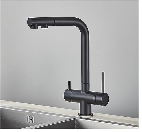 JMRTQMEC Ausziehbarer, gefilterter Küchenarmatur aus verchromtem Messing, Doppelgriff, heißes und kaltes Trinkwasser, 3-Wege-Filter-Reinigungs-Mischbatterien(Matte Black)