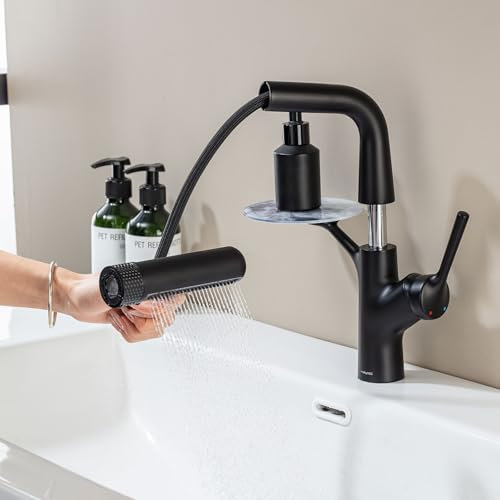 LakeBayMZC Robinet de lavabo avec douchette extractible, mitigeur monocommande pour lavabo à poser, avec 6 types de jet d'eau,noir mat