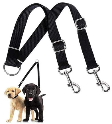 WENJION No Tangle Dog Leash Coupler,Adjustable Dual Dog Lead Splitter, Heavy-Duty Tangle-Free Trainer Leash for Walking 2 Dogs, Durable Double Pet Lead for Medium & Large Dogs (Black)