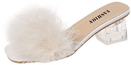 Sandali da donna con tacco quadrato, con tacco a blocco, soffici piume, casual, punta aperta, antiscivolo, per interni ed esterni, scarpe con tacco basso, sandali da salotto da donna, Beige, 36