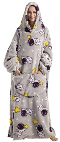 Gegeryozer Ultra Weiche Hoodie Decke mit Ärmeln Warme Flanell Decke zum Anziehen für Zuhause Sofa und Bett, Kuscheldecke mit Kapuze (Grauer Raumfahrer)
