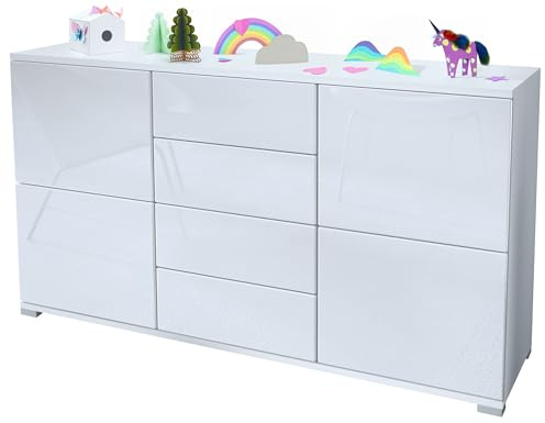 Vladon Sideboard Rova V1, Kommode mit 4 Türen und 4 Schubladen, Weiß matt/Weiß Hochglanz (138,5 x 75,5 x 35)