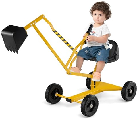 COSTWAY Pelleteuse Enfant avec Siège Pivotant à 360°& Pelle, Tractopelle pour Bac à Sable avec Cadre Métal & 4 Roues, Jouet Pelleteuse Excavatrice Manuelle pour Sable Terre Neige, 3 Ans+