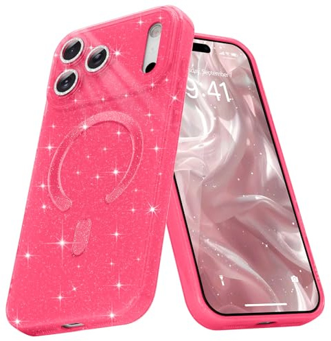 Micoden Magnetisch Glitzer Hülle für iPhone 17 Pro Max/iPhone 18 Pro Max | Diamant Kamera Schutzfolie, kompatibel mit MagSafe, Dünne Silikon TPU Handyhülle Mädchen Stoßfeste Schutzhülle, Rose Rot