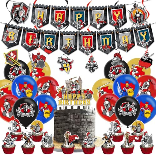 36 Stück Mittelalterliche Ritter Geburtstag Party Dekorationen, Mittelalterliche Ritter Thema, Cupcake Plug in, Ballon, Flagge Drag Spiral Set, Mittelalterliche Kinder Geburtstag Party Dekorationen