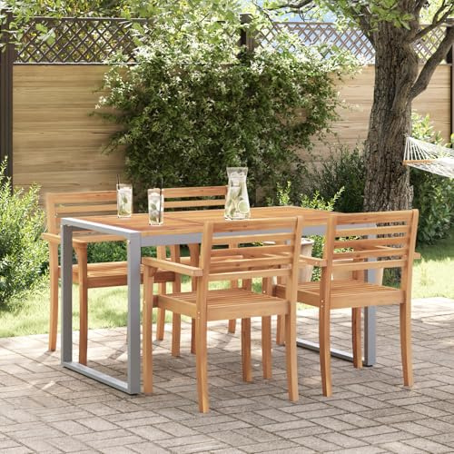 Outdoor-Esstisch Grau 140x80x75 cm aus Stahl & Massivholz Akazie, Wetterfester Gartentisch mit großer Tischplatte für Terrasse Balkon Garten, Robust Stabiles Design Einfache