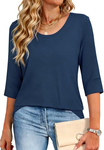 Crewhpo Womens 3/4 Sleeve Tops Round Neck Basic T-Shirt Summer Casual Tee Blouse Loose Fit Solid Colour Lightweight T Shirts Navy Blue