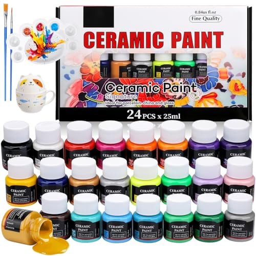 sitarcmin Porzellan Farben, 24 x 25ml Keramikfarben zum Einbrennen,Glas- und Porzellanfarbe,Farbe für Glas Tassen Keramik Bemalen,Keramik Farben Spülmaschinenfest nach dem Einbrennen
