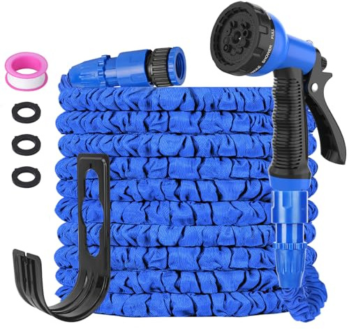 TengYi 100FT Expandable Garden Hose Pipe with 8 Modes Spray Gun | 3 Times Flexible Expanding Water Hosepipe, 3/4, 1/2 Connectors, Lightweight & Non-kinking, Easy to Use for Gardening