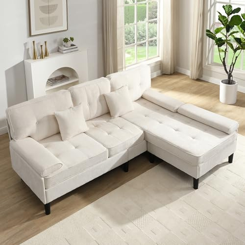 Luscriate Modulares L-Form Ecksofa aus Chenille, 3-Sitzer Schlafsofa mit Chaiselongue & Fußhocker, Couch für kleine Wohnungen, Grau (Light beige-B, 3-Sitzer)