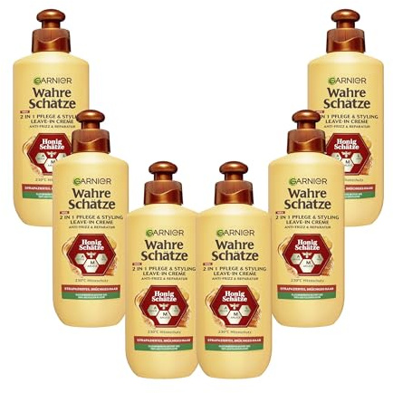 Garnier Wahre Schätze Honig Schätze 2-in-1 Pflege & Styling Leave-In Creme, reparierendes Leave-In gegen Frizz mit Hitzeschutz, 200 ml (x6)