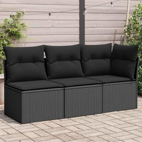 QUAHEAS Gartensofa 3-Sitzer Schwarz aus PE-Rattan mit Kissen, Modulares Outdoor-Loungesofa, Wetterfest, UV-beständig, Stauraum mit wasserabweisender Tasche für Terrasse und Balkon