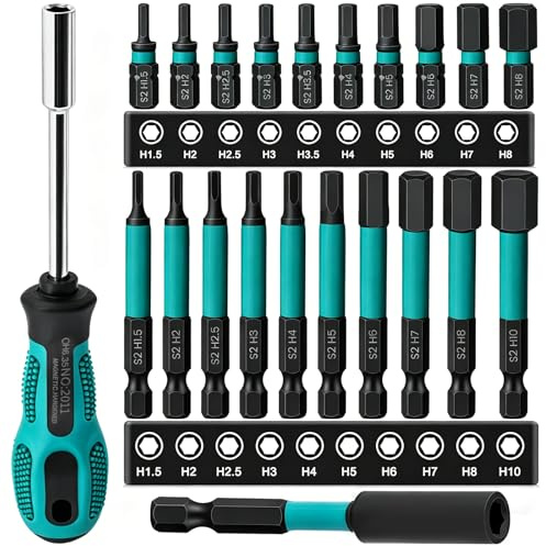 Impact Drill Allen Key Bit Set 25mm+60mm, CYLBAQ Hex Bit Set H1.5-H10 | 22PCS Metric Hex Impact Screwdriver Bits with 196mm Handle Screw Driver, 1/4 Hex Shank S2 Steel Allan Keys with Bit Holder