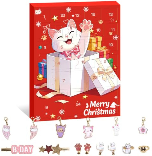 Adventskalender 2026 für Mädchen, 24 Tage Katzen-Weihnachts-Countdown-Kalender mit DIY-Schmuckherstellung, Geschenk für Katzenliebhaber, Tochter, Enkelin, Nichte
