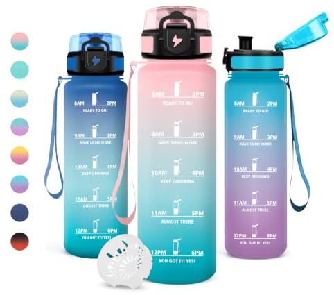 JAPORIA Gourde 1L, Bouteille avec Filtre, sans BPA, Anti Fuite, Motivation, Réutilisable, Facile à Nettoyer, Bouteille D'eau pour Yoga, Camping, Randonnée, Outdoor