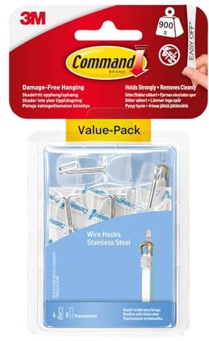 Command Wire Toggle Medium Hook, Pack of 6 Hooks and 8 Adhesive Strips, Transparent - Damage Free Hanging - Holds up to 900g