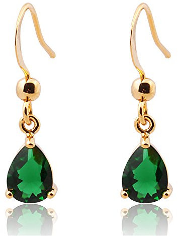 [RIZILIA TEARDROP] Dangle Pierced Earrings with Pear Cut Gemstone CZ [Green Emerald] in 18K Yellow Gold Plated, Simple Modern Elegance