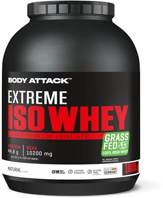 Body Attack Extreme Iso Whey Natural 1,8 kg | CFM Whey, 100% irischer Weidemilch, glutenfrei, reich an EAAs, perfekt löslich, fettarm, ohne Aspartam, 90,6% Isolat-Anteil