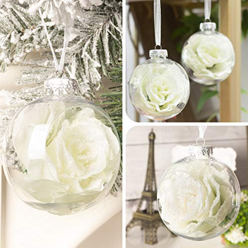 Art Beauty Clear Christmas Baubles with Flocked White Flocked Rose Flower inside 80mm for Xmas Tree Decoration