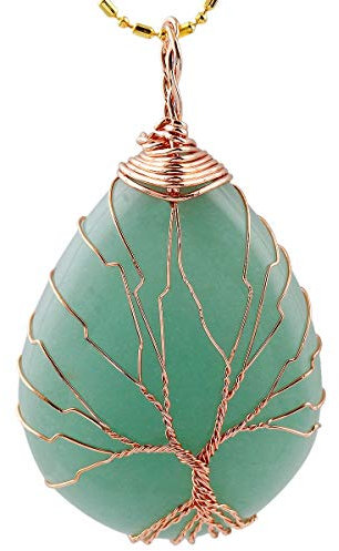 KYEYGWO Baum des Lebens Stein Anhänger Halskette für Unisex, Wire Wrap Teardrop Anhänger mit Kette 22, Grüner Aventurin