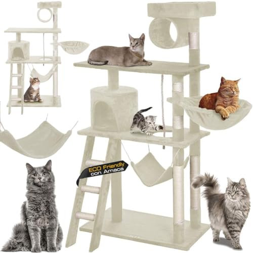 BAKAJI Grattoir , Arbre à Chat , Arbre d'escalade avec hamac, colonnes en sisal, Stable et Extra Large, abris, escalier, Jeu en sisal et Corde de Jeu, Hauteur de 143 cm, Beige