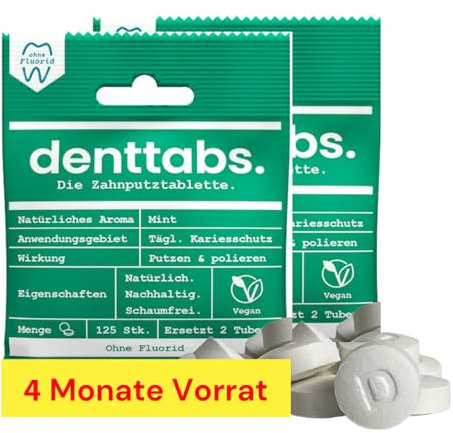 Denttabs Zahnputztabletten die vollwertige Alternative zur Zahnpasta, 2x125 Stk. für 4 Monate. Mint fluoridfrei-VEGAN Plastikfrei ohne Konservierungsstoffe. Im Orginal denttabs kompostierbaren Beutel