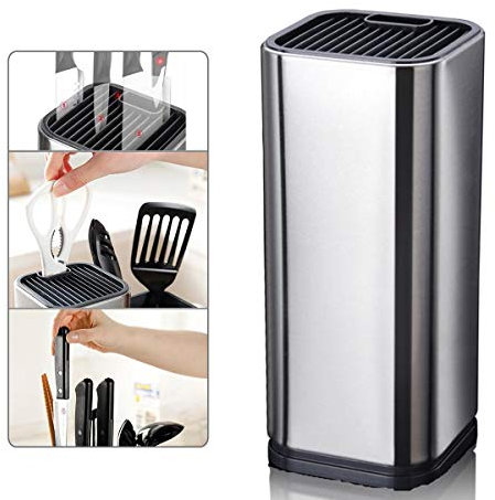 Volwco Bloc à couteaux carré en acier inoxydable, grande capacité pour couteaux et ciseaux avec 14 emplacements et design de vidange – Indispensable pour la maison restaurant cuisine
