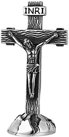 FaithHeart Crucifix sur Pied Jésus Christ Croix Statue Figurine Acier Inoxydable avec Base pour Décoration de Table Maison Bureau Religieux Décoration Croix pour Prière