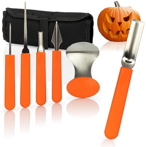 com-four® 6-teiliges Kürbis Schnitz-Set für Halloween - Schneide-Werkzeuge zum Aushöhlen von Kürbissen - Tasche mit Säge, Löffel, Schnitzwerkzeuge (6-teilig + Tasche - orange)