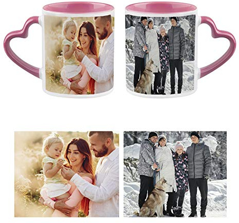 Personalised with Two Photos/Multi Photo Printed Collage Mug, Novelty, Pink Colour Heart Handle Ceramic Mug, Memorable Gift Ideas for Family, Friends, Birthday, Any Special Occasion. (2 Photos)