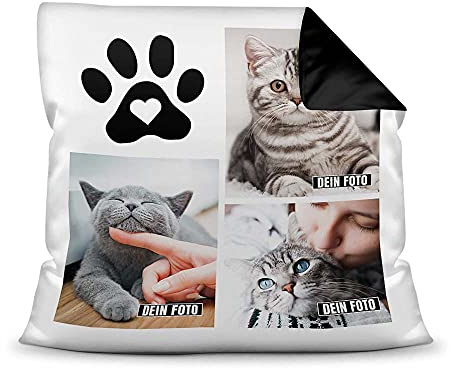 PfotenSchild Katzen Kissen mit Füllung - Fotocollage - Katzenpfote - mit DREI Fotos selbst gestalten - Geschenk für Katzenliebhaber - Farbkissen Rückseite Schwarz, 40 x 40 cm