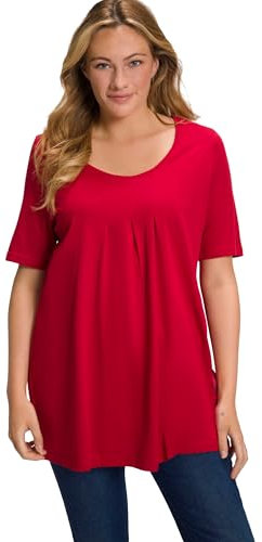 Ulla Popken Damen T-shirt, Zierfalten, A-linie, Rundhals, Halbarm, Modal, Mohn, 54-56 EU