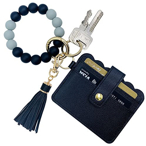 TSNSOEEO Bracelet Porte-clés Portefeuille, Bracelet Porte-clés avec Perles en Silicone, Pampille, Poche pour Carte, Porte-clés pour Femme, 01-Noir, 10 cm