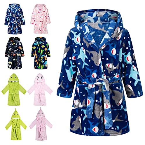 CROOUTN Bademantel Kinder mit Kapuze Blau Hai für Jungen Mädchen Bademäntel Morgenmantel kuschelig warmen und weichen Pyjamas Kleinkind Coral Fleece Hoodie Roben 2-3 Jahre