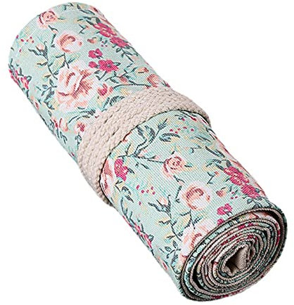 Anawakia Wrap Leinwand Stifterolle Bleistift Wrap Tragbar Stifterolle Bleistifthalter Reise Stiftehalter Buntstifte Federmäppchen Roll-up Mäppchen Tasche Organizer (Grüne Blume,24 Slots)