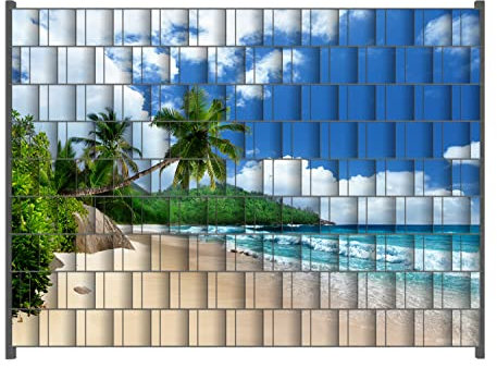 Wallario Zaun Sichtschutz Windschutz für EIN- und Doppelstabmattenzäune in der Größe Breite 2,50m x Höhe 1,80m, Motiv: Urlaub auf den Seychellen unter Palmen am Sandstrand