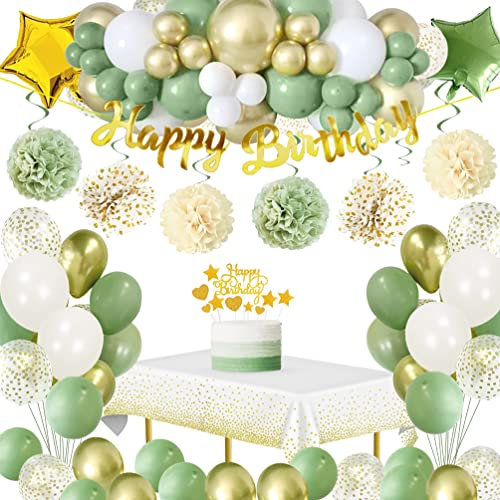 Geburtstagsdeko Grün Gold,Geburtstagsdeko Mädchen Frauen mit Avocado Grüne Luftballons Happy Birthday Girlande Banner Kuchen Topper Tischdecken Pompons für Männer Frauen Deko Geburtstag