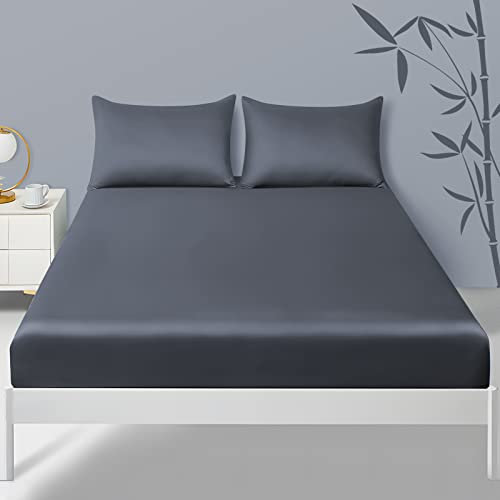 Fittia Lyocell Bambus Spannbetttuch Spannbettlaken Bettlaken Betttuch samtweich kühlend atmungsaktiv mit praktischem Rundumgummi, Grau, 160x200+30cm